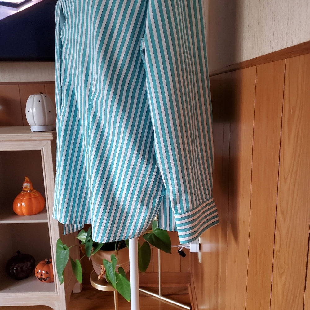 Foxcroft 100% Cotton Striped Button Down Shirt‎ Teal Green White Size XXL - Picture 11 of 15